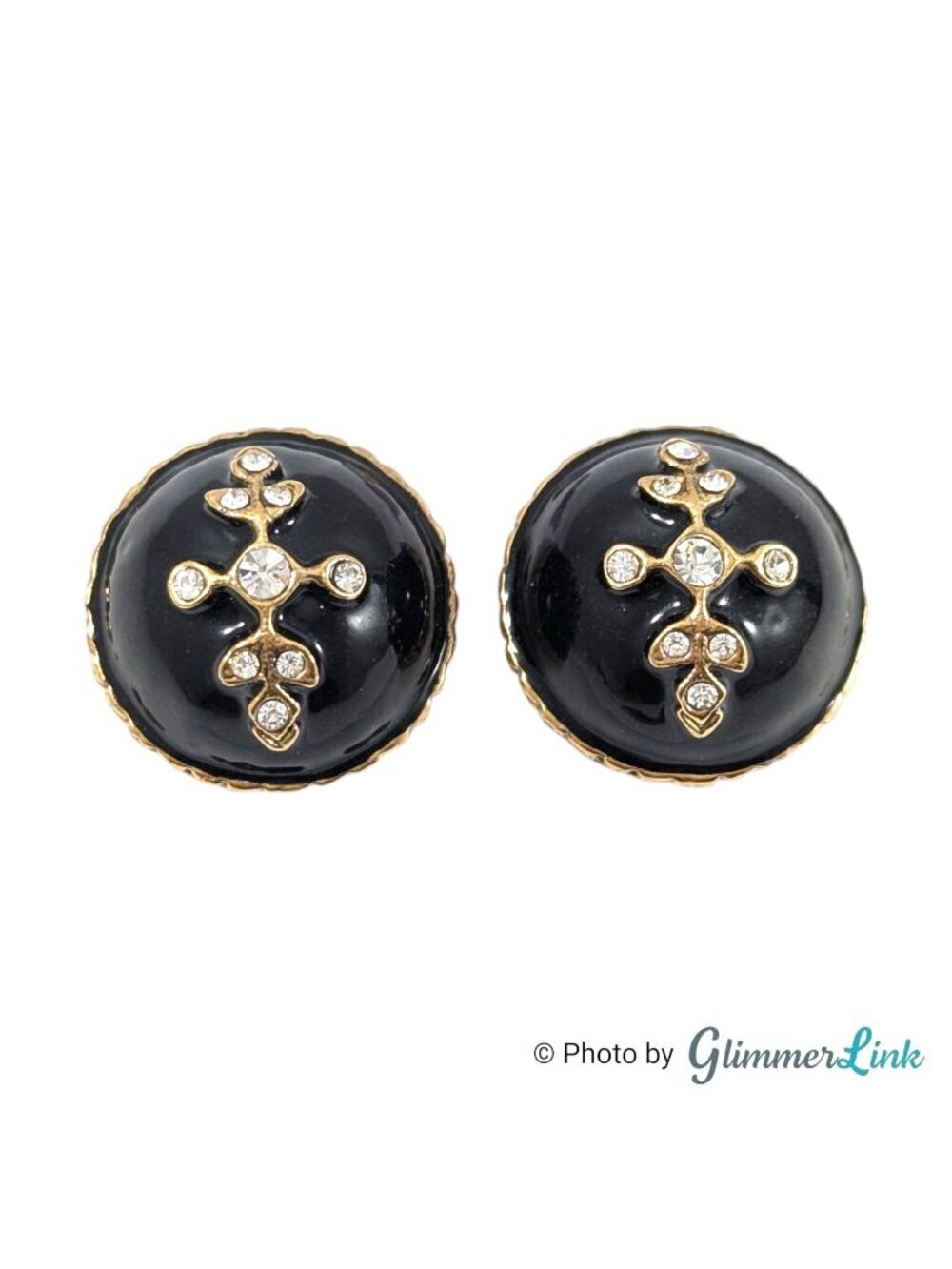 Vintage 1980s 1990s Chunky Black Enamel Rhinestone Clip On Earrings